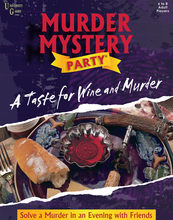 The game 'A Taste for Wine and Murder' by University Games features a colorful box with the title boldly displayed. The background includes elements like grapes, a silver dish with red liquid, a bread roll, and a vintage look, suggesting a murder mystery dinner party theme. Ideal for adults, this game is designed for 6 to 8 players, promising an engaging evening of solving a murder with friends.