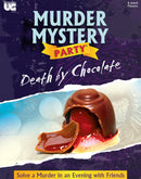 Death by Chocolate party game by University Games featuring a chocolate dessert with a red liquid center, accompanied by vibrant graphics suggesting a murder mystery theme. Designed for 8 adult players, it invites friends to solve an intriguing mystery.