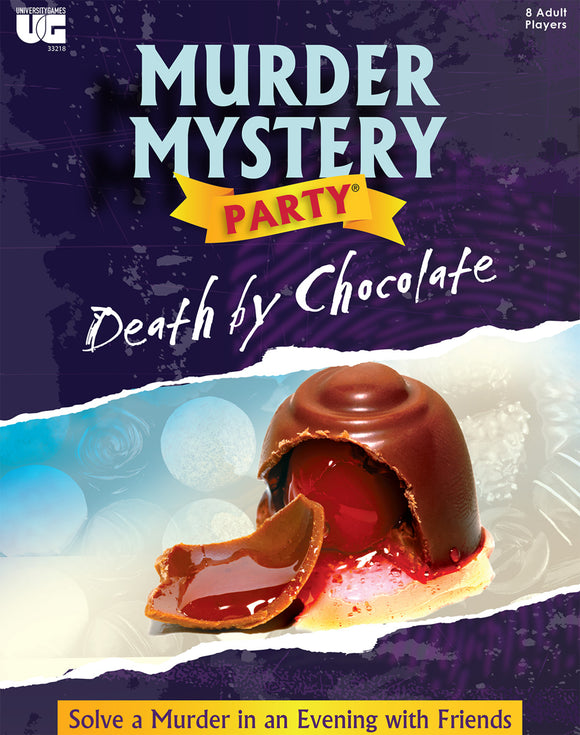 Death by Chocolate party game by University Games featuring a chocolate dessert with a red liquid center, accompanied by vibrant graphics suggesting a murder mystery theme. Designed for 8 adult players, it invites friends to solve an intriguing mystery.