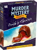 The 'Death by Chocolate' game box featuring a chocolate dessert with a raspberry filling, emphasizing a murder mystery theme. The top displays 'Murder Mystery Party' and showcases vivid graphics inviting 6 to 8 adult players to solve a mystery. The tagline at the bottom reads 'Solve a Murder in an Evening with Friends.'