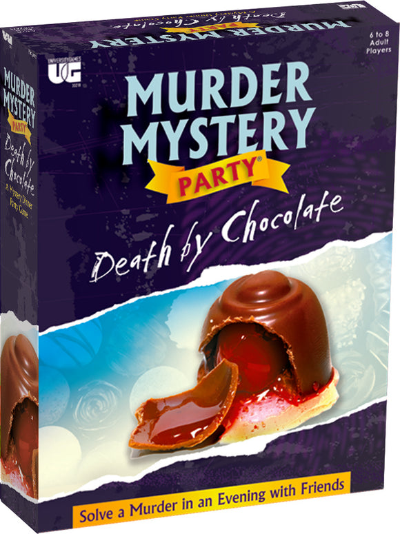 The 'Death by Chocolate' game box featuring a chocolate dessert with a raspberry filling, emphasizing a murder mystery theme. The top displays 'Murder Mystery Party' and showcases vivid graphics inviting 6 to 8 adult players to solve a mystery. The tagline at the bottom reads 'Solve a Murder in an Evening with Friends.'