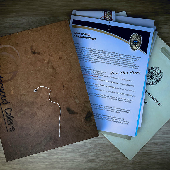 An overhead view of Underwood Cellars - Winmaker game materials. The image features a brown folder labeled 'Underwood Cellars' with a string attached to it, surrounded by several documents from the Vichy Springs Police Department. Some papers include instructions for an investigation and a note saying 'Read This First!'. The setting suggests a mystery-themed game experience.