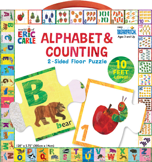 Briarpatch Inc's Alphabet & Counting 2-Sided Floor Puzzle featuring bright colors and playful illustrations. One side showcases the letter 'B' with a bear, while the other side displays '1' with a caterpillar and an apple. The puzzle is designed for children ages 3 and up, measuring 10 feet long when assembled, promoting learning through play.