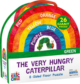 Colorful packaging of The Very Hungry Caterpillar Floor Puzzle by Briarpatch Inc. The puzzle features a rainbow design and has 26 giant pieces ideal for children ages 3 and up. It showcases vibrant colors and the beloved caterpillar character, promoting early learning and fun.