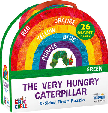 Colorful packaging of The Very Hungry Caterpillar Floor Puzzle by Briarpatch Inc. The puzzle features a rainbow design and has 26 giant pieces ideal for children ages 3 and up. It showcases vibrant colors and the beloved caterpillar character, promoting early learning and fun.