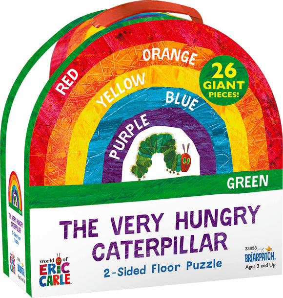 Colorful packaging of The Very Hungry Caterpillar Floor Puzzle by Briarpatch Inc. The puzzle features a rainbow design and has 26 giant pieces ideal for children ages 3 and up. It showcases vibrant colors and the beloved caterpillar character, promoting early learning and fun.