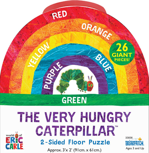 The Very Hungry Caterpillar Floor Puzzle by Briarpatch Inc features an engaging rainbow design with vibrant colors including red, orange, yellow, green, blue, purple, and a friendly caterpillar illustration. This jigsaw puzzle contains 26 giant pieces, measuring approximately 3 feet by 2 feet, suitable for children aged 3 and up, encouraging both cognitive development and interactive play.