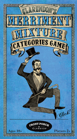 Front Porch Classics' Merriment Mixture game packaging features a vintage illustration of a well-dressed gentleman with a top hat, holding a cane. The design is vibrant blue with decorative borders, text indicating it's a categories game, suitable for ages 10 and up, and for 2 or more players.