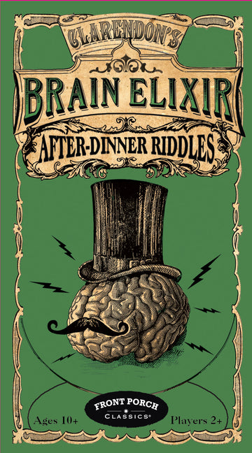 Brain Elixir by Front Porch Classics is a whimsical game featuring clever after-dinner riddles designed for ages 10 and up. The packaging displays an artistic design with a brain wearing a top hat and mustache, set against a vibrant green background. Perfect for 2 or more players, this game promises engaging fun for family and friends.