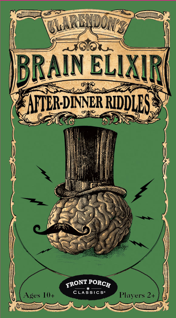 Brain Elixir by Front Porch Classics is a whimsical game featuring clever after-dinner riddles designed for ages 10 and up. The packaging displays an artistic design with a brain wearing a top hat and mustache, set against a vibrant green background. Perfect for 2 or more players, this game promises engaging fun for family and friends.