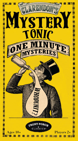 Mystery Tonic by Front Porch Classics is a fun game for ages 10 and up. The packaging features a playful illustration of a man with a top hat, energetically holding a bottle while unveiling a mystery with the words 'WHO DUN IT?' prominently displayed. This engaging game is designed for 2 or more players and is perfect for family game nights or gatherings.