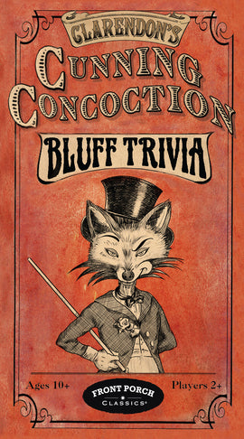 Front Porch Classics presents 'Cunning Concoction,' a trivia game featuring a quirky fox in a top hat and tuxedo on the packaging. The artwork is vintage-inspired and colorful, emphasizing fun for ages 10 and up, suitable for 2 or more players.