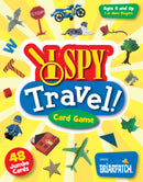 A vibrant image of the I Spy Travel card game by Briarpatch Inc. The game features a colorful design with the title prominently displayed. Surrounding the title are various objects including a stop sign, a blue bicycle, a dog, and other shapes, indicating the fun and exploratory nature of the game. It includes details like 'Ages 4 and Up' and '48 Jumbo Cards' in playful fonts, making it appealing for families and young kids.