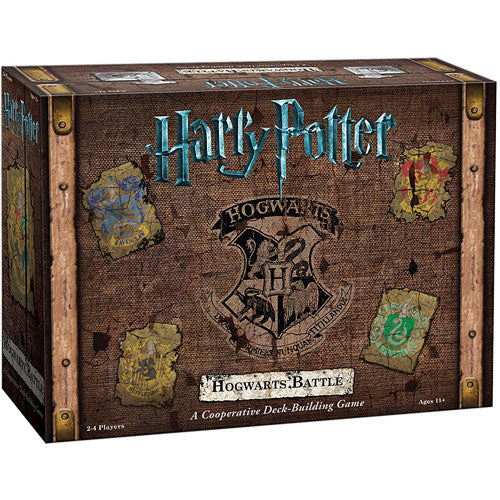 Harry Potter: Hogwarts Battle game box featuring the game title prominently displayed with Hogwarts house crests on a rustic background. The box is designed for up to 4 players, suitable for ages 11 and older.