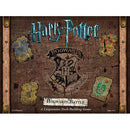 Harry Potter: Hogwarts Battle game box featuring the title in blue, surrounded by house crests on a textured, wooden background. It's a cooperative deck-building game suitable for 2-4 players aged 11 and up.