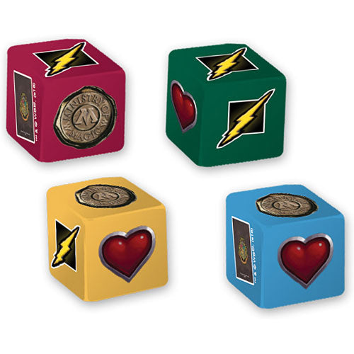 A set of four colorful game cubes from the Harry Potter: Hogwarts Battle board game. Each cube features distinct symbols: lightning bolts, hearts, and the Ministry of Magic emblem on a vibrant background of red, green, yellow, and blue. Perfect for fans of the Harry Potter series and tabletop gaming enthusiasts.
