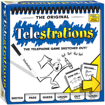 Telestrations board game box by USAopoly. The packaging features a colorful design with the title 'Telestrations' prominently displayed in yellow and blue. An illustration shows a character sketching and laughing, highlighting the game's fun and interactive nature. The tagline reads 'The telephone game sketched out!' with directions to sketch, pass, guess, and laugh.