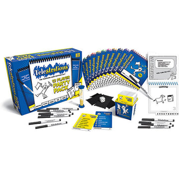 Telestrations: 12 Player Party Pack by USAopoly, featuring a colorful box with game instructions, drawing pads, pens, and an hourglass timer. Perfect for party fun and laughter with friends and family.
