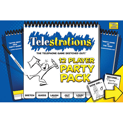 Telestrations: 12 Player Party Pack game box featuring colorful graphics. The design showcases fun illustrations of players sketching and guessing, with the tagline 'The Telephone Game Sketched Out!' The pack is designed for 12 players and includes instructions. It's perfect for parties and gatherings, encouraging laughter and creativity.
