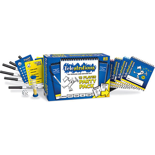 Telestrations: 12 Player Party Pack by USAopoly. The box displays colorful graphics with party-themed designs. Included are multiple drawing pads, markers, dice, and cards for a fun group drawing and guessing game. Ideal for parties and gatherings.