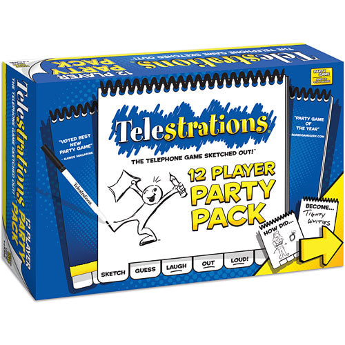 The Telestrations: 12 Player Party Pack by USAopoly, featuring a colorful game box with illustrations and text that emphasizes sketching, guessing, and laughing. Perfect for parties with family and friends, this humorous game combines drawing and guessing for endless fun.