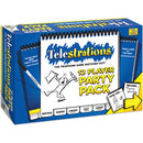 The Telestrations: 12 Player Party Pack by USAopoly, featuring a colorful game box with illustrations and text that emphasizes sketching, guessing, and laughing. Perfect for parties with family and friends, this humorous game combines drawing and guessing for endless fun.
