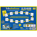 Telestrations: 12 Player Party Pack game by USAopoly. The back of the box features illustrations showing how to play. Includes over 2,000 words, dry erase markers, sketchbooks, and game dice for hilarious fun with friends.