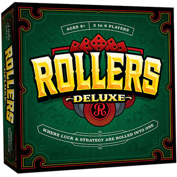Rollers Deluxe board game by USAopoly. The box features a vibrant green background with bold, stylized text that reads 'ROLLERS DELUXE' in yellow, surrounded by red dice accents. Designed for ages 8 and up, this game accommodates 2 to 6 players and combines luck and strategy for an engaging experience.