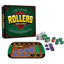 Rollers Deluxe game box featuring bold yellow lettering on a green background. The box includes various game components like colorful dice, chips, and a game board. Suitable for 2 to 6 players aged 8 and up, this game combines luck and strategy.