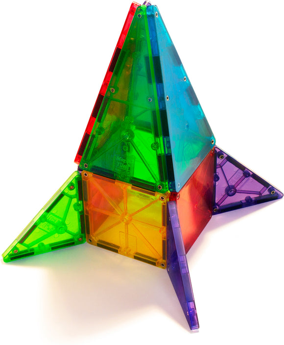 A colorful 32-piece Magna Tiles Clear Colors set featuring transparent tiles in various shapes, showcasing a vibrant rocket structure. The tiles are assembled in a combination of red, blue, green, orange, and purple, inviting imaginative play and creative construction for children.