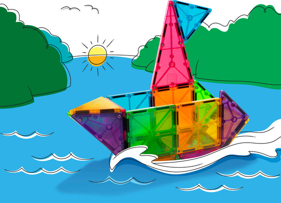 A vibrant 32-piece set of Magna Tiles Clear Colors showcasing a colorful boat structure. The tiles include various transparent colors like pink, orange, blue, and green, and are displayed against a whimsical background of a sunny water scene with waves and trees.