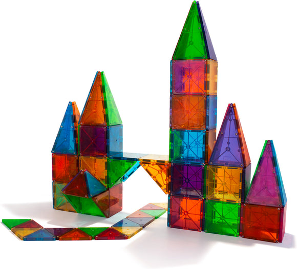 A colorful construction set featuring translucent tiles in various shapes and sizes, designed to create 3D structures. The image shows completed castles and connecting paths made with the tiles, showcasing a vibrant mix of red, blue, green, and orange colors, ideal for imaginative play and STEM learning.