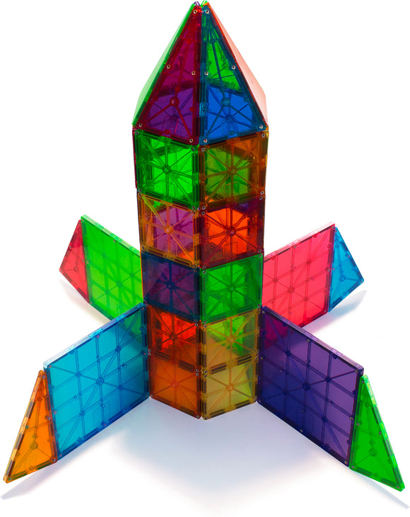 Magna Tiles Clear Colors 100 Piece Set displayed as a colorful rocket structure. The set features transparent tiles in various colors, including red, blue, green, orange, and purple, allowing for endless creative building possibilities. Each tile is designed for easy connection, promoting STEM learning and imaginative play.