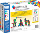 Magna Tiles Clear Colors 100 Piece Set box showcasing colorful geometric tiles in various shapes including squares and triangles. Features details about imaginative play, shapes, colors, STEM learning, and construction ideas. Ideal for children to develop fine motor skills and creativity through hands-on activities.