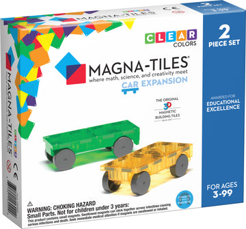 Magna Tiles Cars 2 Piece Expansion Set, featuring a clear green and a clear yellow car design, designed for creative building and educational play. Perfect for children aged 3 and up, promoting STEM skills through interactive play.