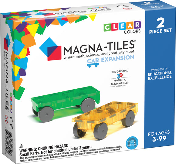 Magna Tiles Cars 2 Piece Expansion Set, featuring a clear green and a clear yellow car design, designed for creative building and educational play. Perfect for children aged 3 and up, promoting STEM skills through interactive play.