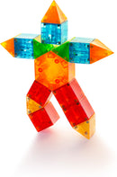 The Magna-Qubix 19 Piece Set features colorful geometric shapes in shades of red, orange, green, and blue. The shapes are used to create an imaginative character with a fun, unique design. Ideal for creativity and play, this set encourages children to explore building and spatial reasoning.