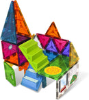 A colorful Magna Tiles house made from 28 translucent pieces. The structure features triangular and square tiles in vibrant colors, a green staircase, and decorative elements like a clock and flower design.