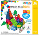 The Magna Tiles House 28 Piece Set features colorful magnetic building tiles designed for children aged 3 and up. The box shows a vibrant house structure complete with a staircase, a clock, and fun decorative stickers. The tiles come in various shapes and colors, promoting creativity and STEM learning through play.