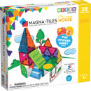 Magna Tiles House 28 Piece Set featuring colorful, translucent magnetic tiles in various shapes like triangles and squares. The imaginative set allows children to build a house with multi-levels, complete with a staircase and a fun sticker sheet. Ideal for kids aged 3 and up, promoting creativity, engineering skills, and collaborative play.