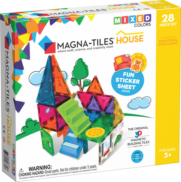 Magna Tiles House 28 Piece Set featuring colorful, translucent magnetic tiles in various shapes like triangles and squares. The imaginative set allows children to build a house with multi-levels, complete with a staircase and a fun sticker sheet. Ideal for kids aged 3 and up, promoting creativity, engineering skills, and collaborative play.