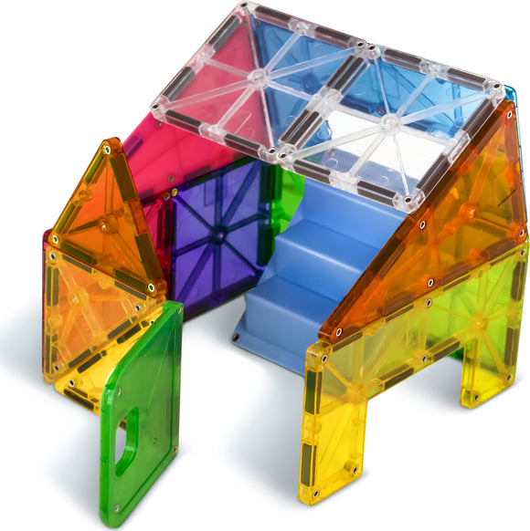 A colorful 28-piece Magna Tiles House DIY kit featuring various transparent shapes like squares and triangles. The structure includes a roof, walls, and stairs, showcasing vibrant colors such as pink, green, blue, and orange, ideal for creative building and educational play.