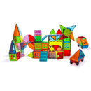 A colorful 110-piece Magna Tiles Metropolis set arranged to showcase various geometric structures, including houses, towers, and vehicles. The pieces are vibrant and transparent, featuring squares, triangles, and circles, inviting imaginative play and creativity for children.