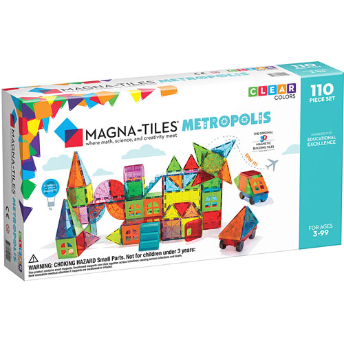 Magna Tiles Metropolis 110 Piece Set showing vibrant, colorful geometric tiles in various shapes including triangles, squares, and rectangles designed for building structures. Ideal for kids aged 3-99, the packaging highlights educational benefits focused on math, science, and creativity, with clear colors to enhance visual appeal.