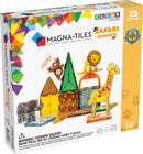Magna Tiles Safari Animals 25 Piece Set packaging featuring vibrant and colorful magnetic tiles in various shapes and designs, including an elephant, giraffe, monkey, and lion. The box highlights movable parts and the educational aspects of creativity and construction for children ages 3 to 99.
