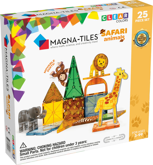 Magna Tiles Safari Animals 25 Piece Set packaging featuring vibrant and colorful magnetic tiles in various shapes and designs, including an elephant, giraffe, monkey, and lion. The box highlights movable parts and the educational aspects of creativity and construction for children ages 3 to 99.