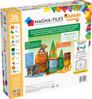 Magna Tiles Safari Animals 25 Piece Set, featuring vibrant, colorful tiles shaped like various safari animals including an elephant, monkey, giraffe, and lion. The set encourages creative building and imaginative play, perfect for young minds to explore math, science, and creativity through hands-on learning. Ideal for DIY projects, it showcases unique animal designs and their respective paw prints, stimulating educational playtime.