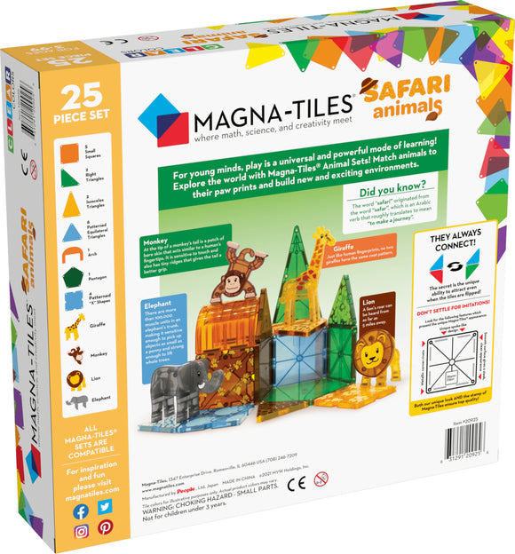 Magna Tiles Safari Animals 25 Piece Set, featuring vibrant, colorful tiles shaped like various safari animals including an elephant, monkey, giraffe, and lion. The set encourages creative building and imaginative play, perfect for young minds to explore math, science, and creativity through hands-on learning. Ideal for DIY projects, it showcases unique animal designs and their respective paw prints, stimulating educational playtime.