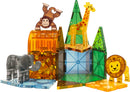 A vibrant Magna Tiles Safari Animals 25 Piece Set featuring colorful translucent animal shapes including a giraffe, elephant, monkey, and lion, alongside various geometric tiles to build and create imaginative structures.