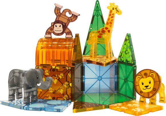 A vibrant Magna Tiles Safari Animals 25 Piece Set featuring colorful translucent animal shapes including a giraffe, elephant, monkey, and lion, alongside various geometric tiles to build and create imaginative structures.